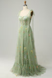 Green Tulle A Line Corset Plus Size Prom Dress with Embroidered