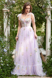 A-line Lilac Embroidery Corset Long Prom Dress