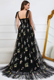 A Line Spaghetti Straps Black Corset Prom Dress with Embroidery