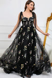 A Line Spaghetti Straps Black Corset Prom Dress with Embroidery