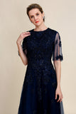 Glitter Navy A Line Beaded Mother of the Bride Dress with Lace