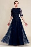 Glitter Navy A Line Beaded Mother of the Bride Dress with Lace