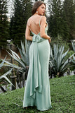 Sheath Spaghetti Straps Light Green Long Bridesmaid Dress with Bowknot