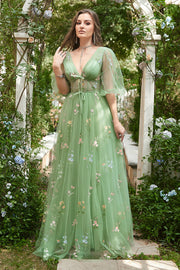 A-Line V-Neck Embroidery Green Long Prom Dress with Short Sleeves