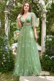 A-Line V-Neck Embroidery Green Long Prom Dress with Short Sleeves