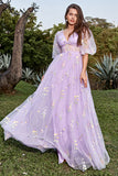 A-Line V-Neck Embroidery Lavender Long Prom Dress with Short Sleeves