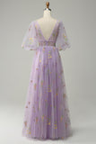 A-Line V-Neck Embroidery Lavender Long Prom Dress with Short Sleeves