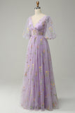 A-Line V-Neck Embroidery Lavender Long Prom Dress with Short Sleeves