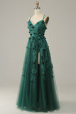 Dark Green A Line Tulle Prom Dress with Slit