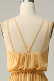 A Line Halter Yellow Long Bridesmaid Dress with Bowknot