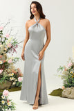 Simple Grey Halter Long Bridesmaid Dress with Slit