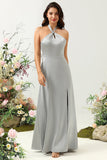 Simple Grey Halter Long Bridesmaid Dress with Slit