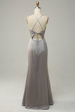 Grey Mermaid Open Back Long Bridesmaid Dress