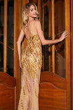 Stunning Mermaid Spaghetti Straps Golden Long Prom Dress with Split Front