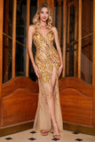 Stunning Mermaid Spaghetti Straps Golden Long Prom Dress with Split Front