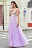 Gorgeous A Line Spaghetti Straps Lilac Long Prom Dress with Appliques