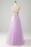 Glitter A-Line Spaghetti Straps Lilac Long Prom Dress with Flowers