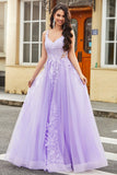 Gorgeous A Line Spaghetti Straps Lilac Tulle Long Prom Dress with Appliques