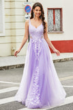 Gorgeous A Line Spaghetti Straps Lilac Tulle Long Prom Dress with Appliques