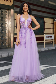 Grey Purple A Line Halter Neck Long Corset Prom Dress With Slit