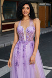 Grey Purple A Line Halter Neck Long Corset Prom Dress With Slit