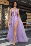 Grey Purple A Line Halter Neck Long Corset Prom Dress With Slit