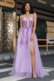 Grey Purple A Line Halter Neck Long Corset Prom Dress With Slit