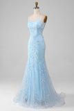 Sparkly Light Blue Beaded Mermaid Long Prom Dress