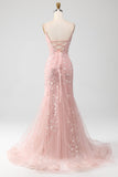 Mermaid Blush Spaghetti Straps Prom Dress with Appliques