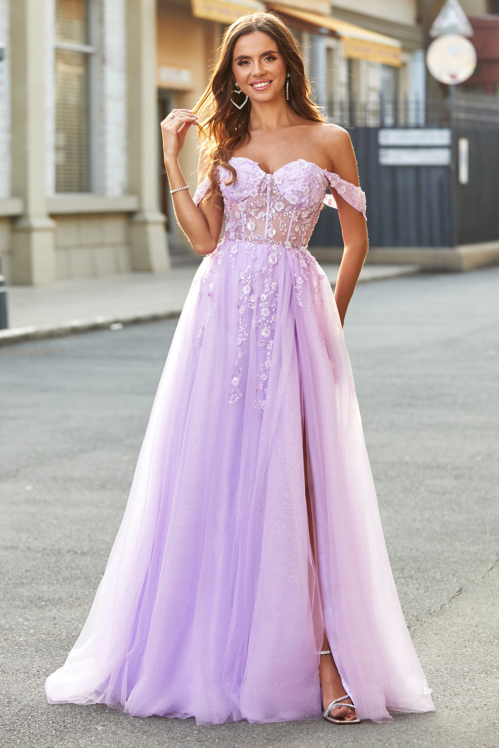 Lilac Embroidery Corset Long Prom Dress