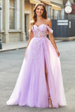 Lilac A Line Off The Shoulder Beaded Long Corset Prom Dress With Slit