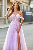 Lilac A Line Off The Shoulder Beaded Long Corset Prom Dress With Slit