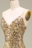 Sparkly Mermaid Golden Long Prom Dress with Slit