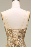 Sparkly Mermaid Golden Long Prom Dress with Slit