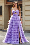 Purple A Line Tulle Long Tiered Prom Dress With Slit