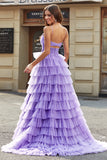 Purple A Line Tulle Long Tiered Prom Dress With Slit