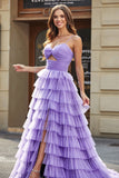 Purple A Line Tulle Long Tiered Prom Dress With Slit