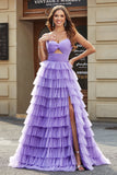 Purple A Line Tulle Long Tiered Prom Dress With Slit