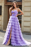 Purple A Line Tulle Long Tiered Prom Dress With Slit