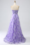 Printed Lavender Off the Shoulder A line Prom Dress with Removable Sleeves