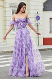 Laveender Printed A line Prom Dress with Removable Sleeves