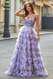 Lavender A Line Off the Shoulder Printed Long Prom Dress With Ruffles