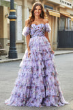 Lavender A Line Off the Shoulder Printed Long Prom Dress With Ruffles