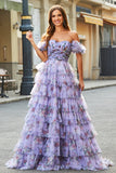 Lavender A Line Off the Shoulder Printed Long Prom Dress With Ruffles