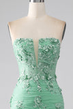 Green Mermaid Strapless Tulle Long Prom Dress with Appliques