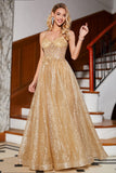 Golden Glitter Corset Long Prom Dress with Flowers