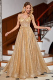 Golden Glitter Corset Long Prom Dress with Flowers