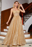 Golden Glitter Corset Long Prom Dress with Flowers