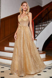 Golden Glitter Corset Long Prom Dress with Flowers