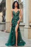 Dark Green Mermaid Spaghetti Straps Long Appliqued Prom Dress With Slit